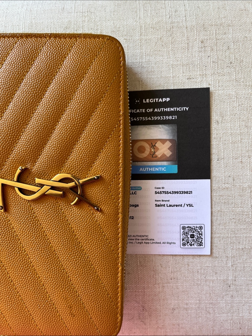 Saint Laurent Quilted Zip Wallet in Mustard Yellow with Gold YSL Logo - Picture 10 of 10